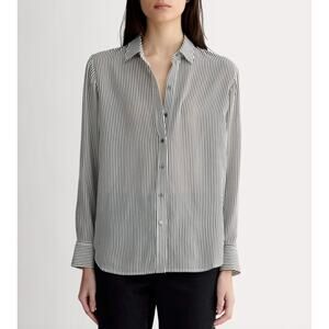 EVERLANE The Must-Have Shirt in 100% Washable Silk Black Micro-stripe 6 Preppy
